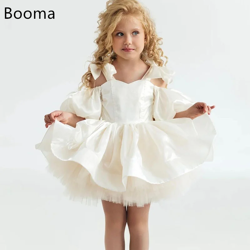 Booma A-Line Flower Girl Dresses Bow Satin Girls Wedding Party Dresses Sleeveless Off The Shoulder Gowns Customized