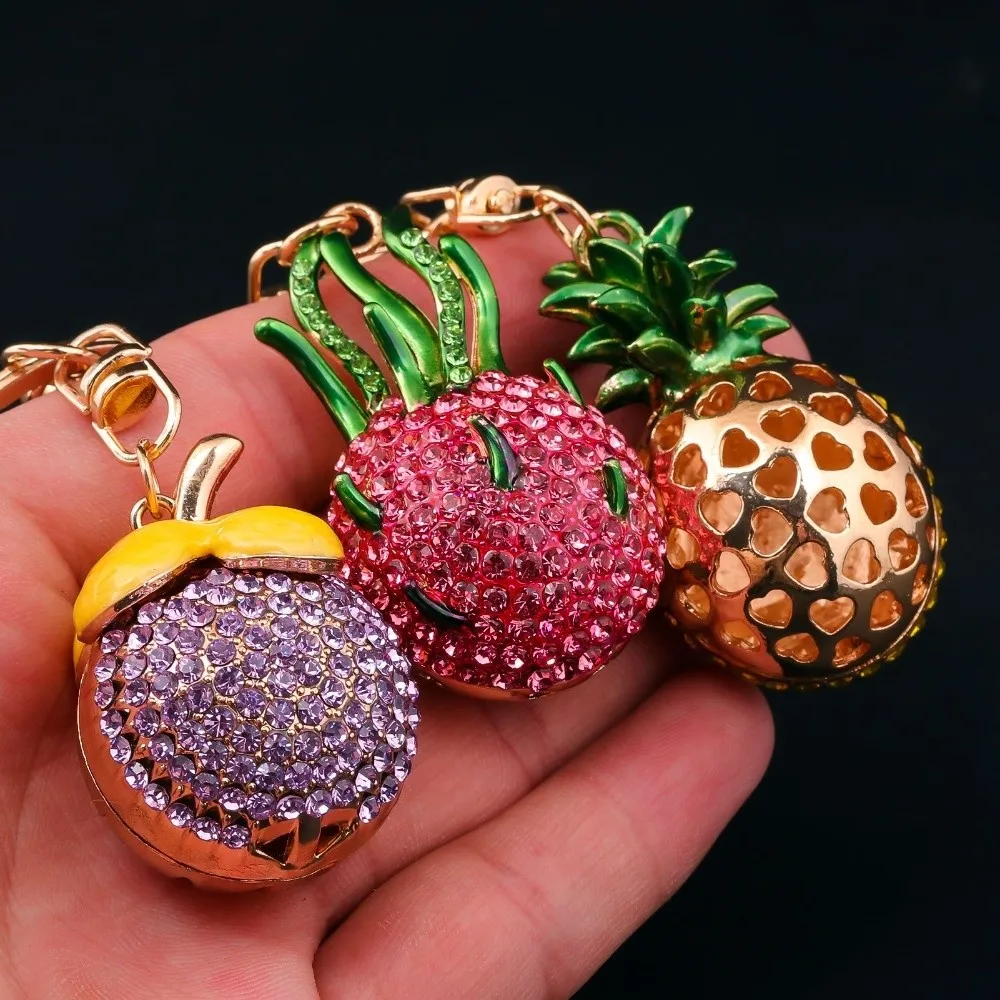 New Cartoon Fruit Bag Pendant Keychain Enamel Full Diamond Metal Key Rings Heart Shape Bag Charms Jewelry