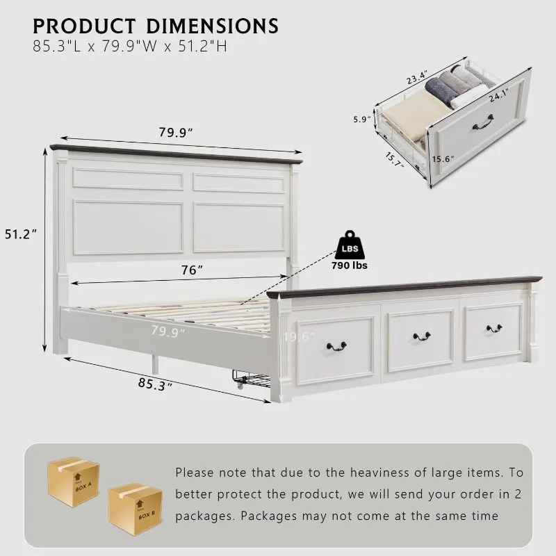 51-inch-high headboard farmhouse-style king bed frame with 20-inch-high Roman post accent footboard and 3 large storage drawers