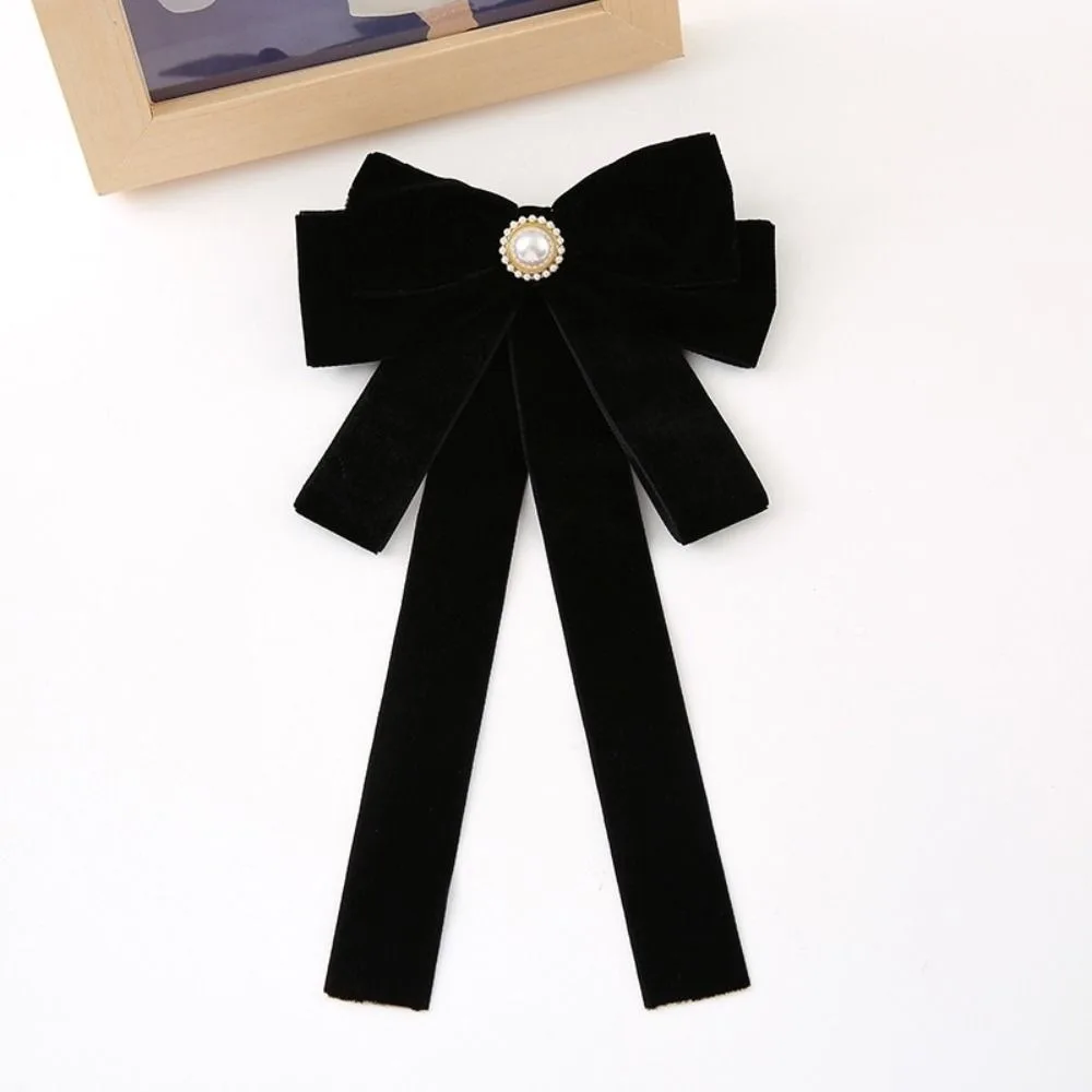 Sparkling Velvet Black Ribbon Pin Rhinestones Beads Black Bow Necktie Pin Pearl Ribbon Badge Brooch Mourning