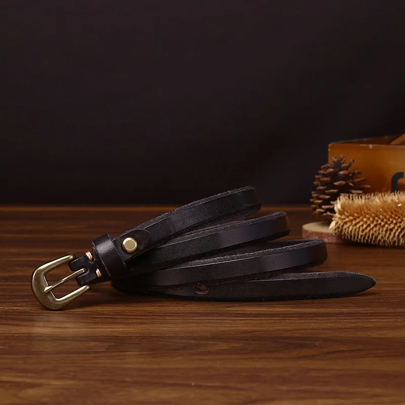 1.5CM Wide Slanted Edge Decorative Women's Thin Belt with Copper Buckle Top Layer Cowhide Retro Fashion Trendy Narrow Belt for W