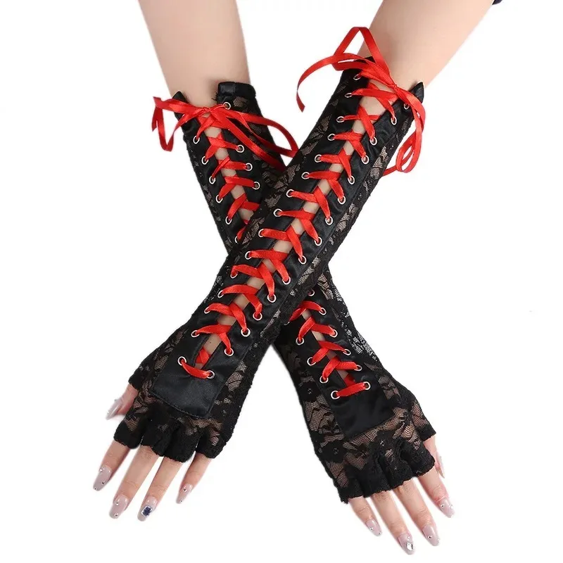 Womens Sexy Elbow Length Punk Fingerless Lace Up Arm Warmer Lace Gloves, Black,White，Halloween Punk  Cosplay One Size