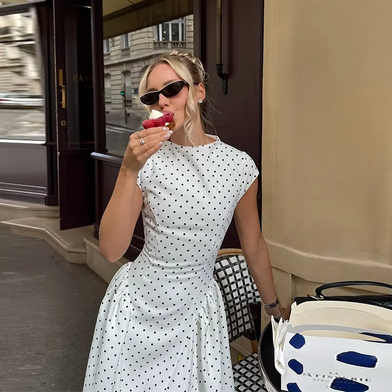 

Женское летнее платье А-силуэта с круглым вырезом и принтом в горошек, 2026, с завышенной талией, для офиса, шикарное повседневное, приталенное, без рукавов