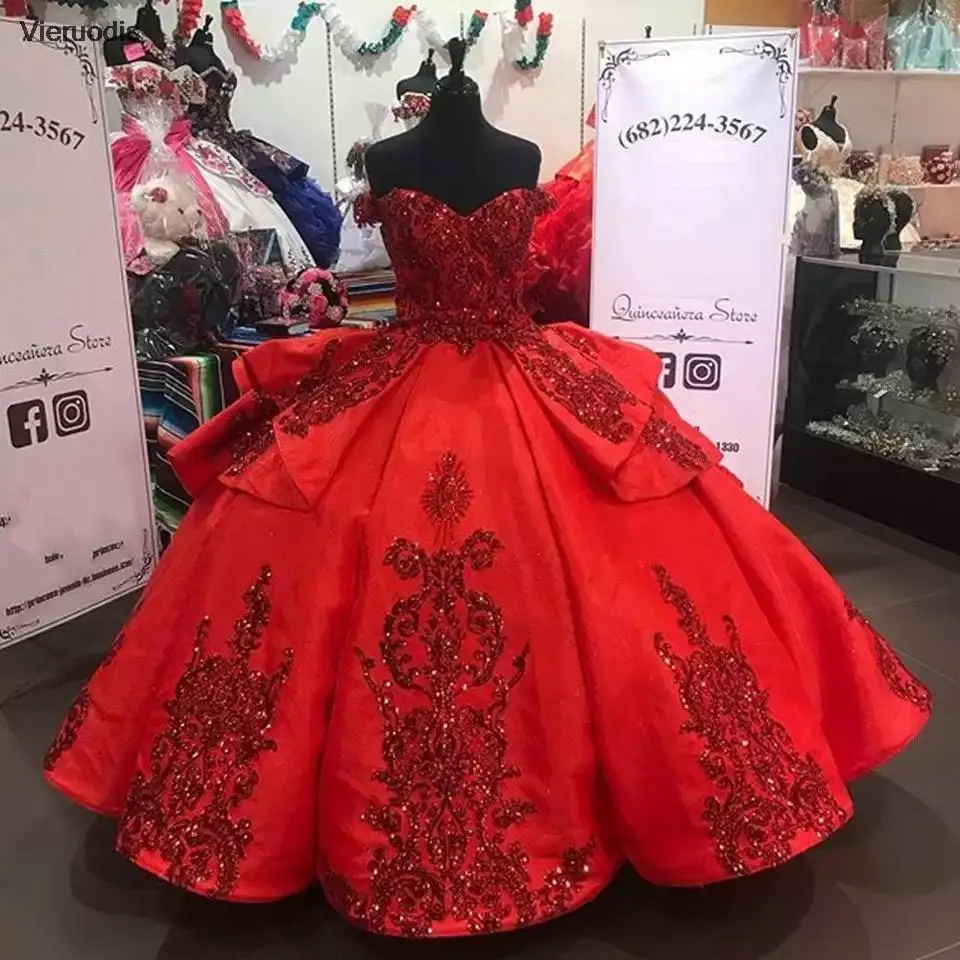 

Gorgeous Red Quinceanera Dresses 2021 Tiered Lace Appliques Sequins Princess Party Sweet 15 Ball Gown Sweetheart Off Shoulder
