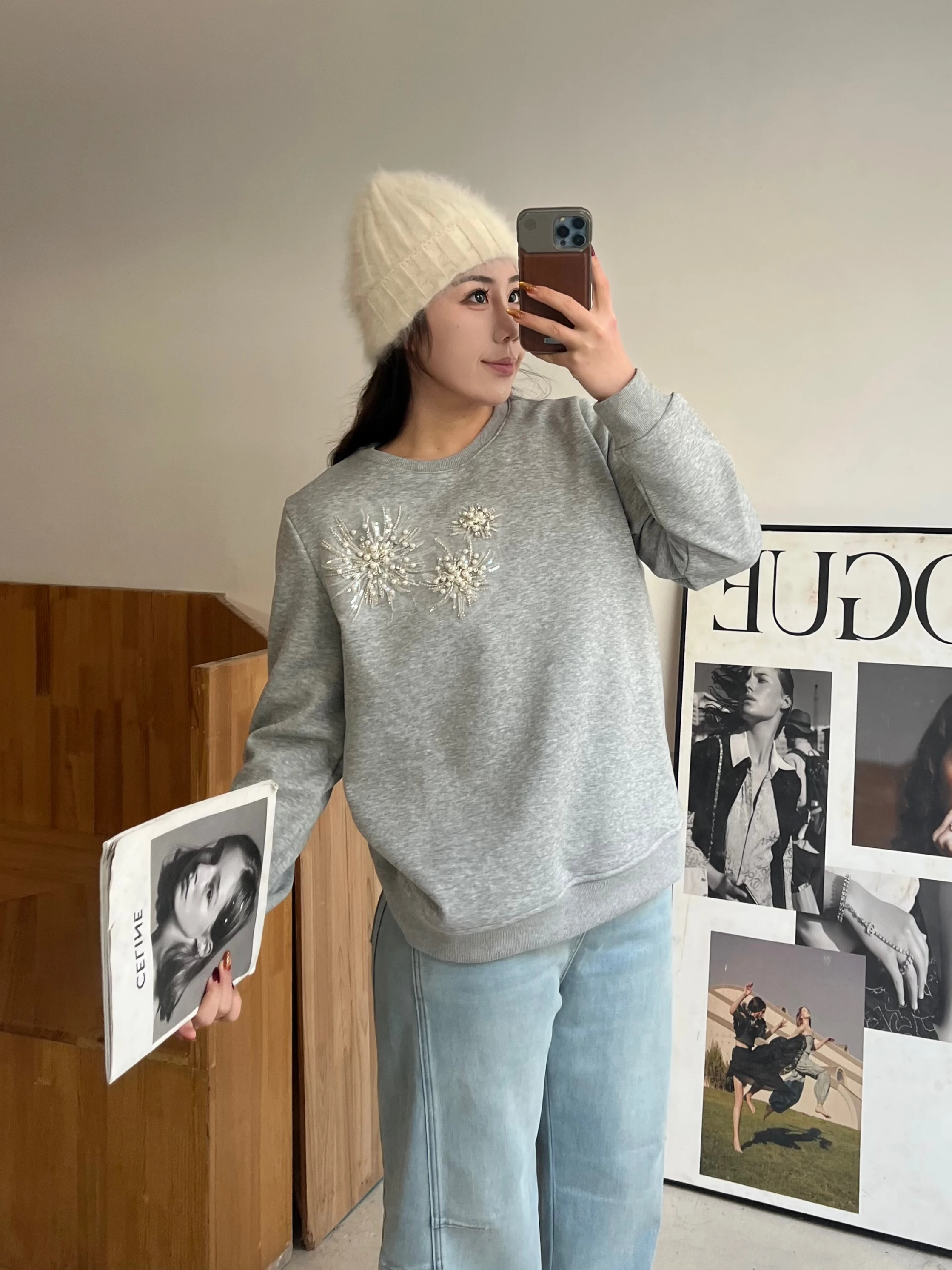 

Свитшот свободного кроя с объемной вышивкой бисером для женщин больших размеров, повседневный, с длинными рукавами, круглым вырезом, пуловер