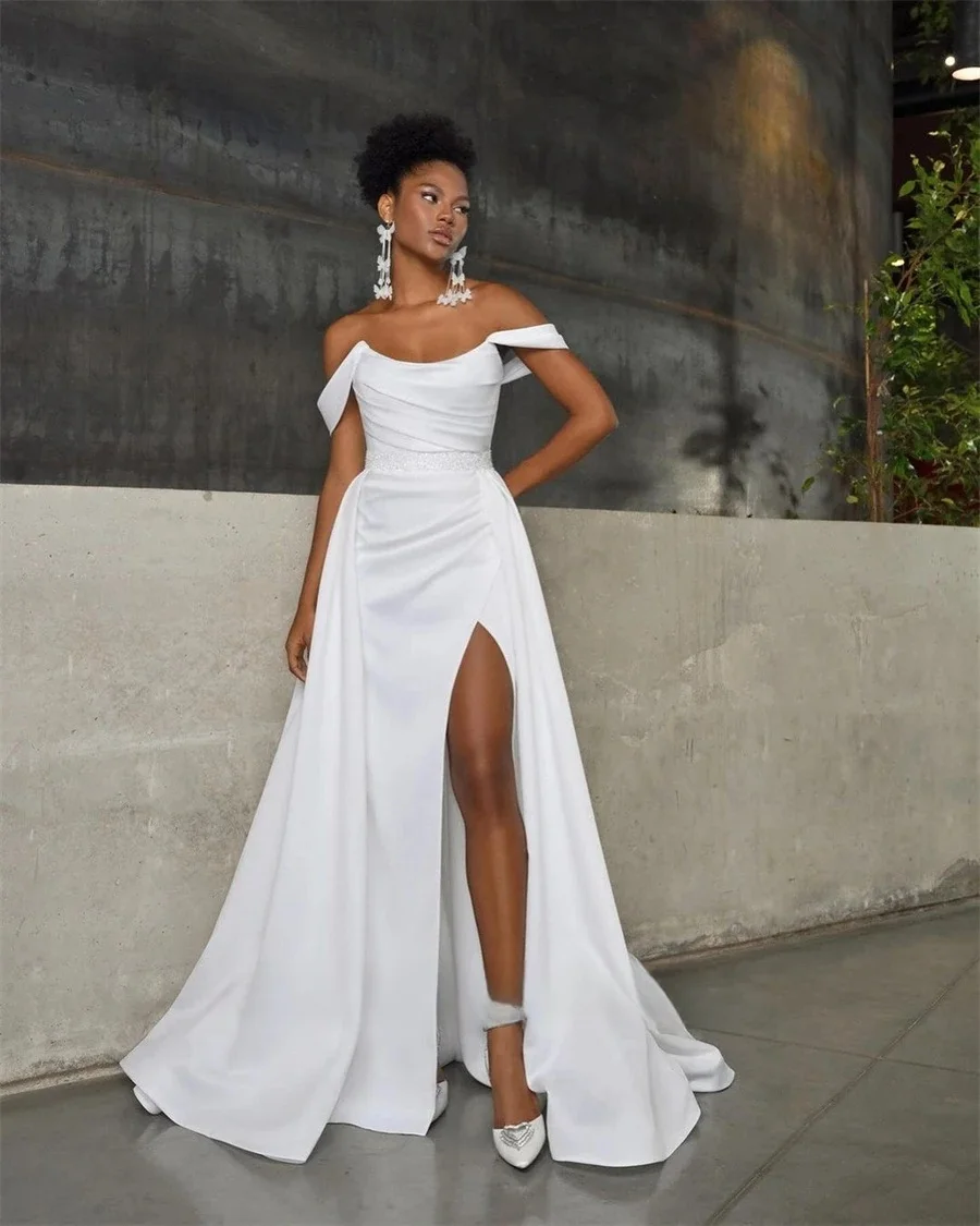 女性用ブライダルドレスをカスタマイズ Aライン ハイ スリット オフショルダー ノースリーブ 花嫁ドレス バックレス プリーツ vestidos de novia カスタマイズ