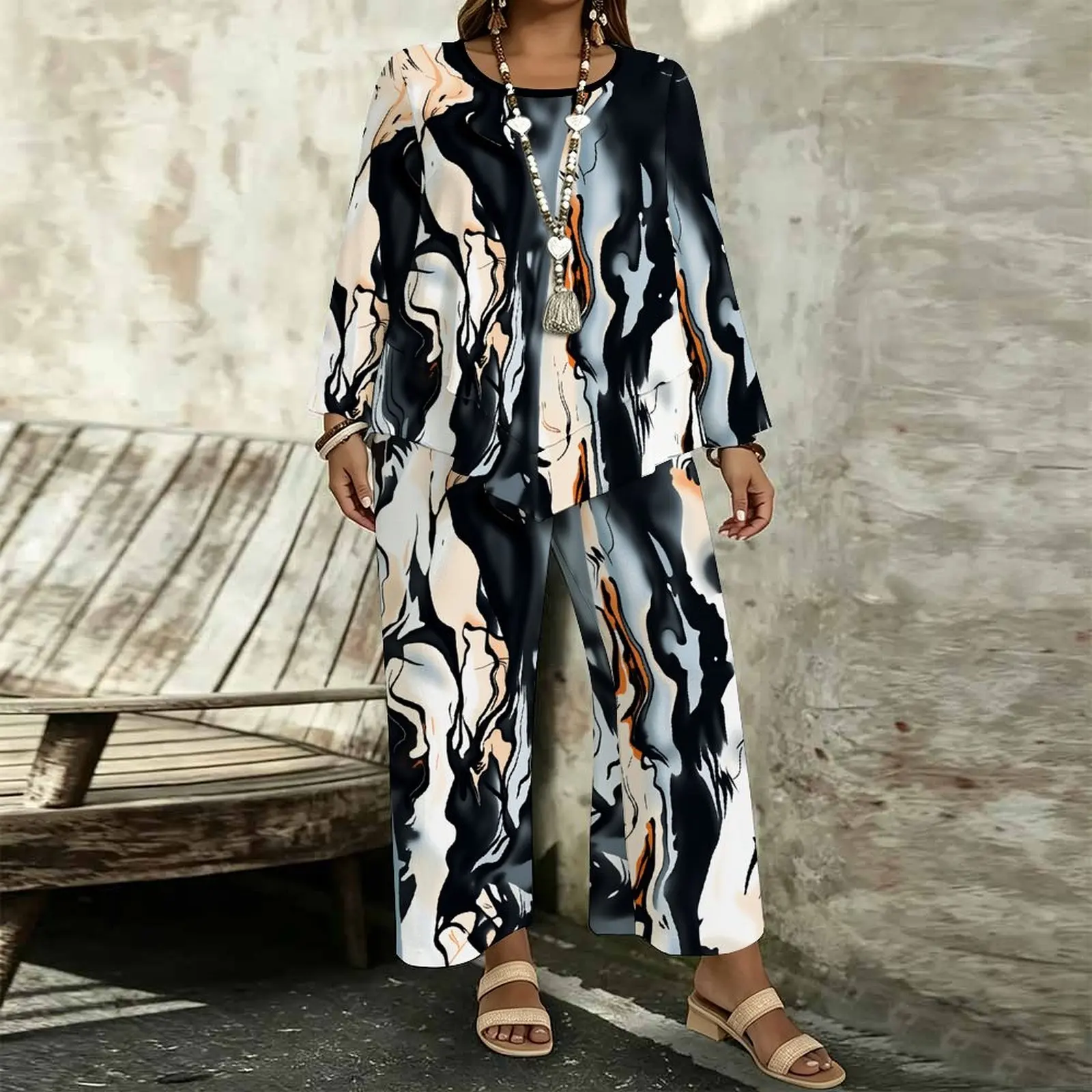 Plus Size Women Spring/summer Fashion Print Two Piece Set  Exercise Round Neck T-shirt Casual Vacation Sweatpants