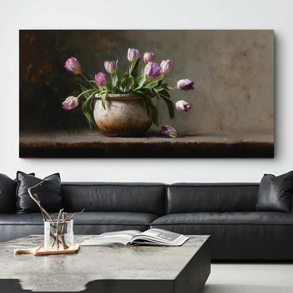 Purple Tulip Brown Earthenware Jar Poster and Prints Canvas Painting Wall Art Picture for LivingRoom Home Decor Cuadros No Frame
