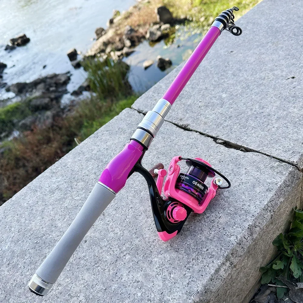 Rosa Angelruten-Set Mini Teleskop-Köderstange 1,5-2,4M Spinnrolle Max. Bremskraft 8KG Set mit Schnur Köder Komplettset für Anfänger – Detail 13