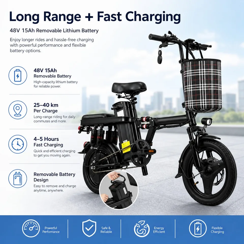 Foldable Electric Bike for Adults 500W 48V 15Ah 14" Tires 8 Shock Absorbers Portable Commuter E-Bicycle Folding Scooter image 7