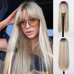 Blonde Wig with Bangs Long Straight Highlight Platinum Wig Ombre Blonde Synthetic Wig For Women Cosplay Party Use Heat Resistant