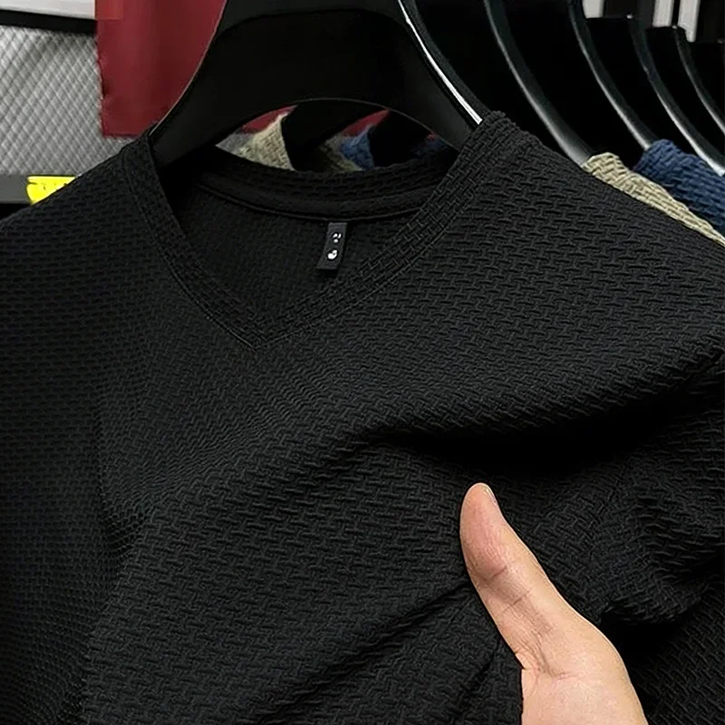 Fashion Men's Business Casual Ice Silk T-Shirt V Neck Short Sleeve Khaki Daily Work Wear image 4