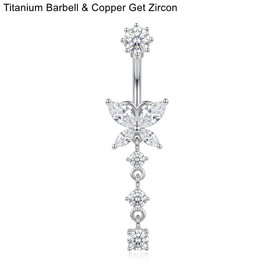 14G Titan Bauchnabelpiercing Barbell mit langen Anhängern, Bauchnabelringe mit Zirkonia-Blumen und Schmetterlingen, Bauchnabel-Curve für Damen, Körperschmuck