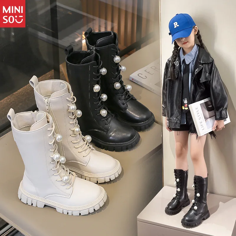 

Меховые сапоги для девочек Miniso 2025, универсальная длинная зимняя обувь для больших детей, модная обувь