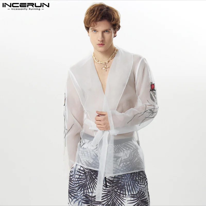 

INCERUN Tops 2024 American Style Fashion Men Rose Sticker Sleeve Shirts Casual Sexy Male Thin Long Sleeved Cardigan Blouse S-5XL