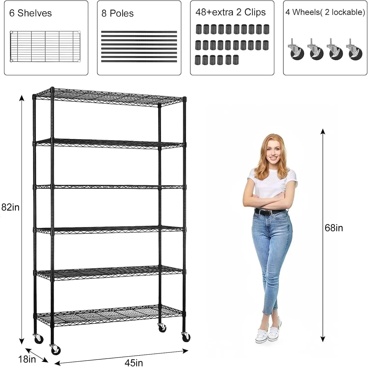 6 Tier Metal Wire Storage Shelving Unit With Wheels, Adjustable Rolling Utility Organizer Rack For Garage Kitchen Pantry Basement, Modern Industrial Style, Black, 1 Pack