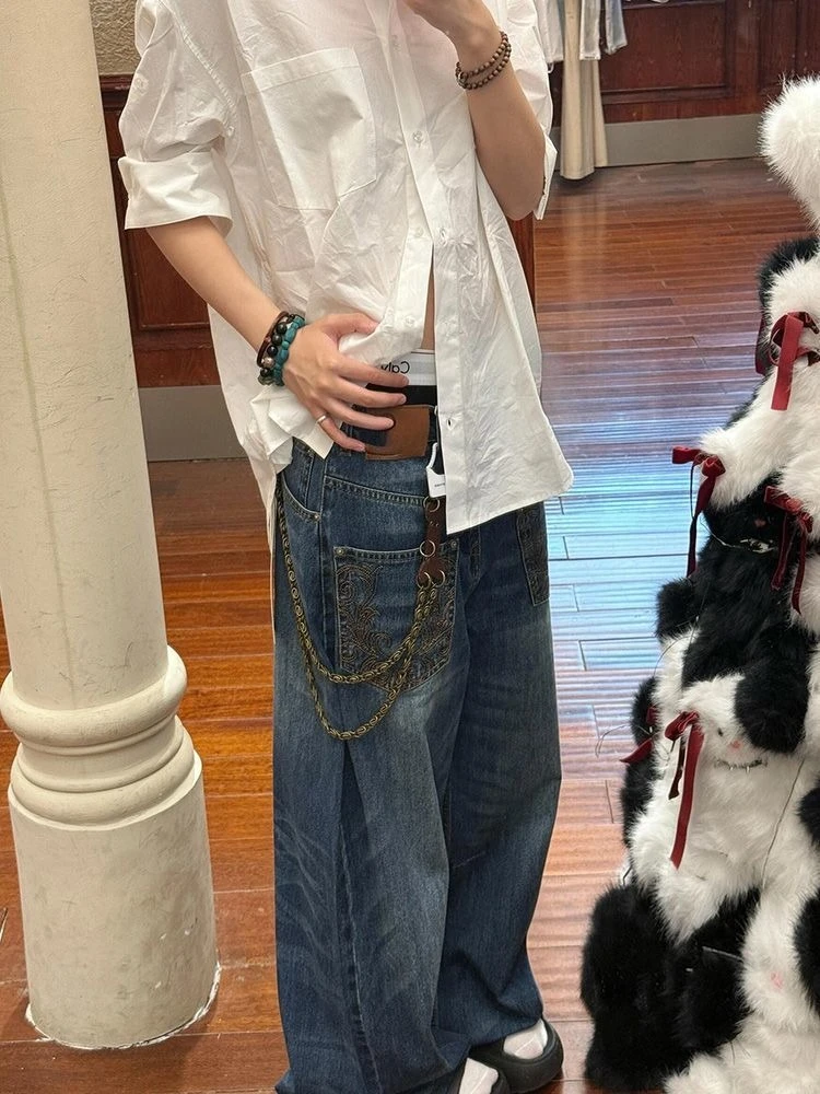 هوتشو خمر Y2k الجينز النساء الهيب هوب الأزرق فضفاض المتعثرة سراويل جينز التطريز شارع العليا الجرونج الرجعية واسعة الساق الجينز