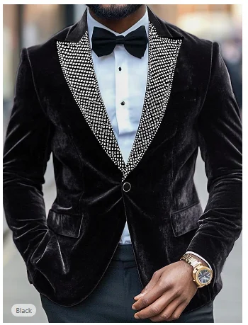 

Men's Suits Men's Mens Black Velvet Suit Wedding Banquet Evening Party Host Tuxedo Rhinestones Lapel Collar Blazer Pants 2 Piece