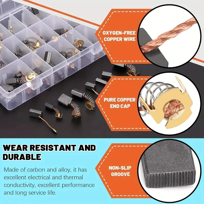 80-teiliges Kohlebürsten-Set, 20 Spezifikationen – Metall, Kupferoxid-Draht, Anti-Rutsch-Rillen, verschleißfest – ideal für die Reparatur und Wartung von Elektrowerkzeugen – Detail 2