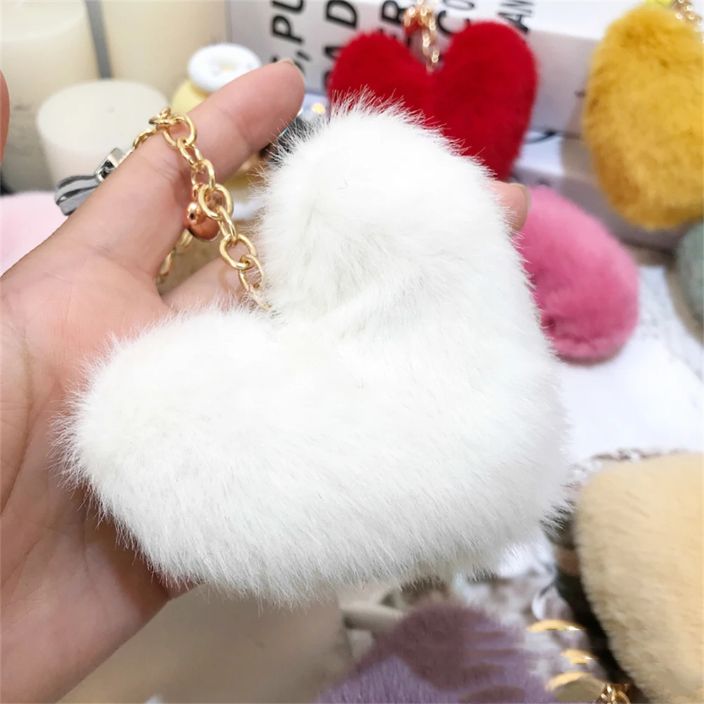 Colorful Heart Pompom Keychain Mini Tassel Pendant for Women Fashion Plush Ball Bag Ornament Car Keyring Accessories Party Gift