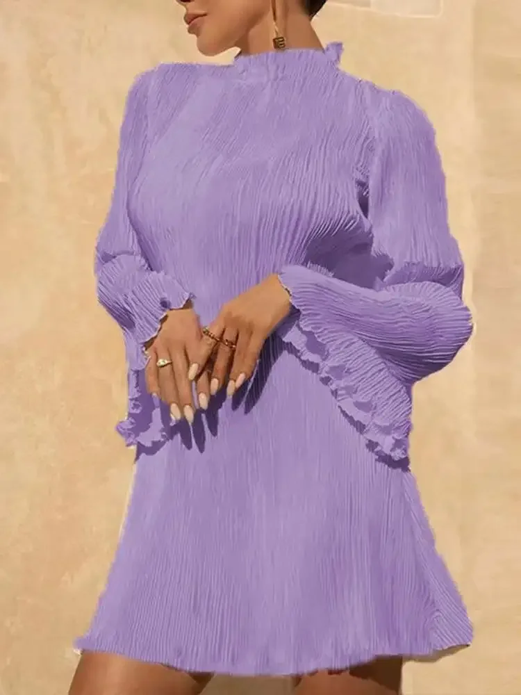 

Ladies Stand-up Collar Flared Sleeve Hip Package Solid Colour Elegant Dresses ALSEY Miyake 2025 Summer New Double Pleated Dress