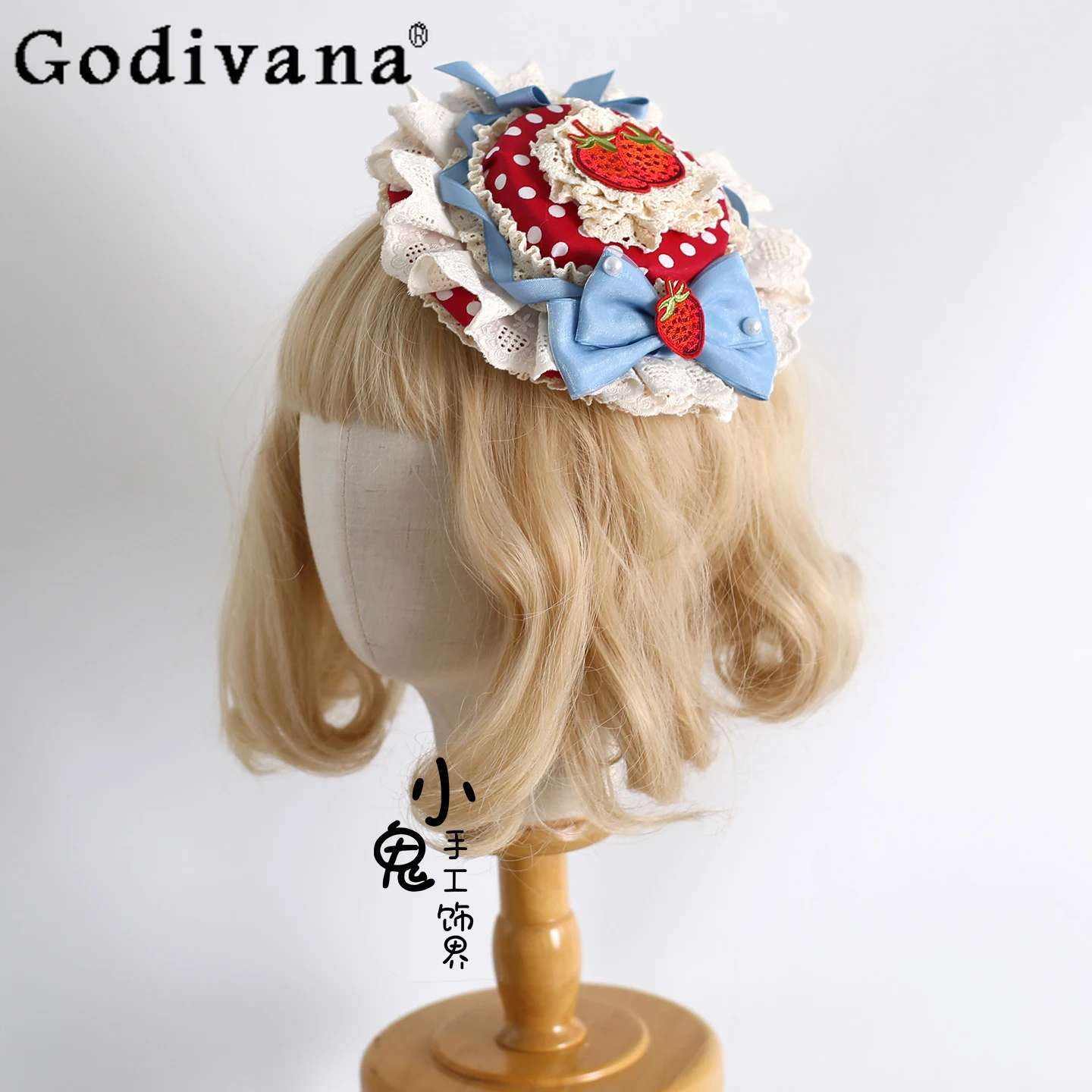 

Original Polka Dot Strawberry Headband Lolita Strawberry Tart Hat Sweet Girl JK Uniform Hair Accessory Straw Hat