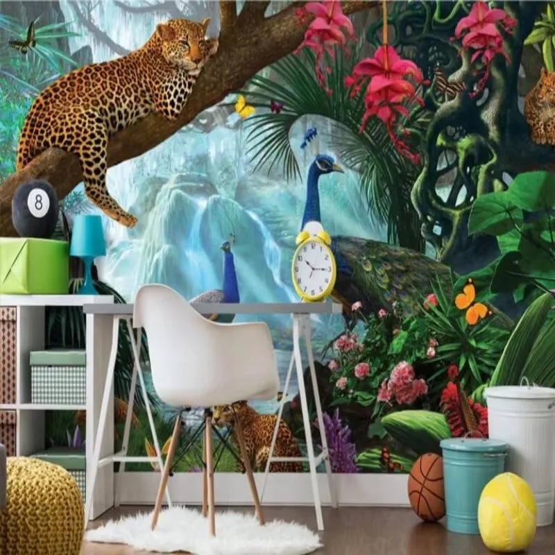 Custom wallpaper Large Art Forest Waterfall Tree branches Leopard peacock Kids Room TV Background Wallpaper Mural
