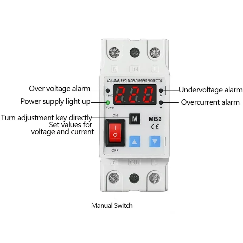 AC Adjustable Single Digital Display Voltmeter Circuit Breaker 220v 40A Over/Under Voltage Protector Overload Protective Device