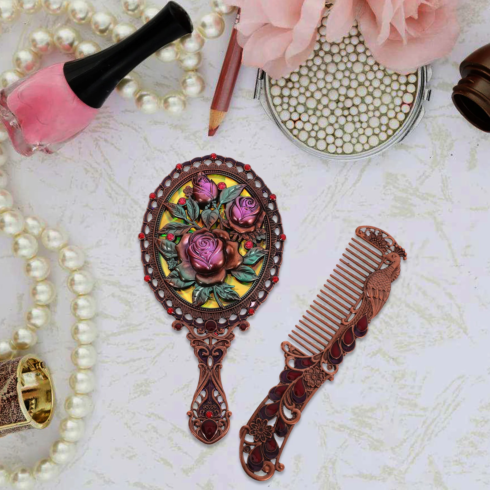 1 مجموعة 1 مجموعة ماكياج خمر مع مشط مرآة اليد الصغيرة المحمولة للسفر النساء الفتيات عنبر الحمام المرآة البالونية