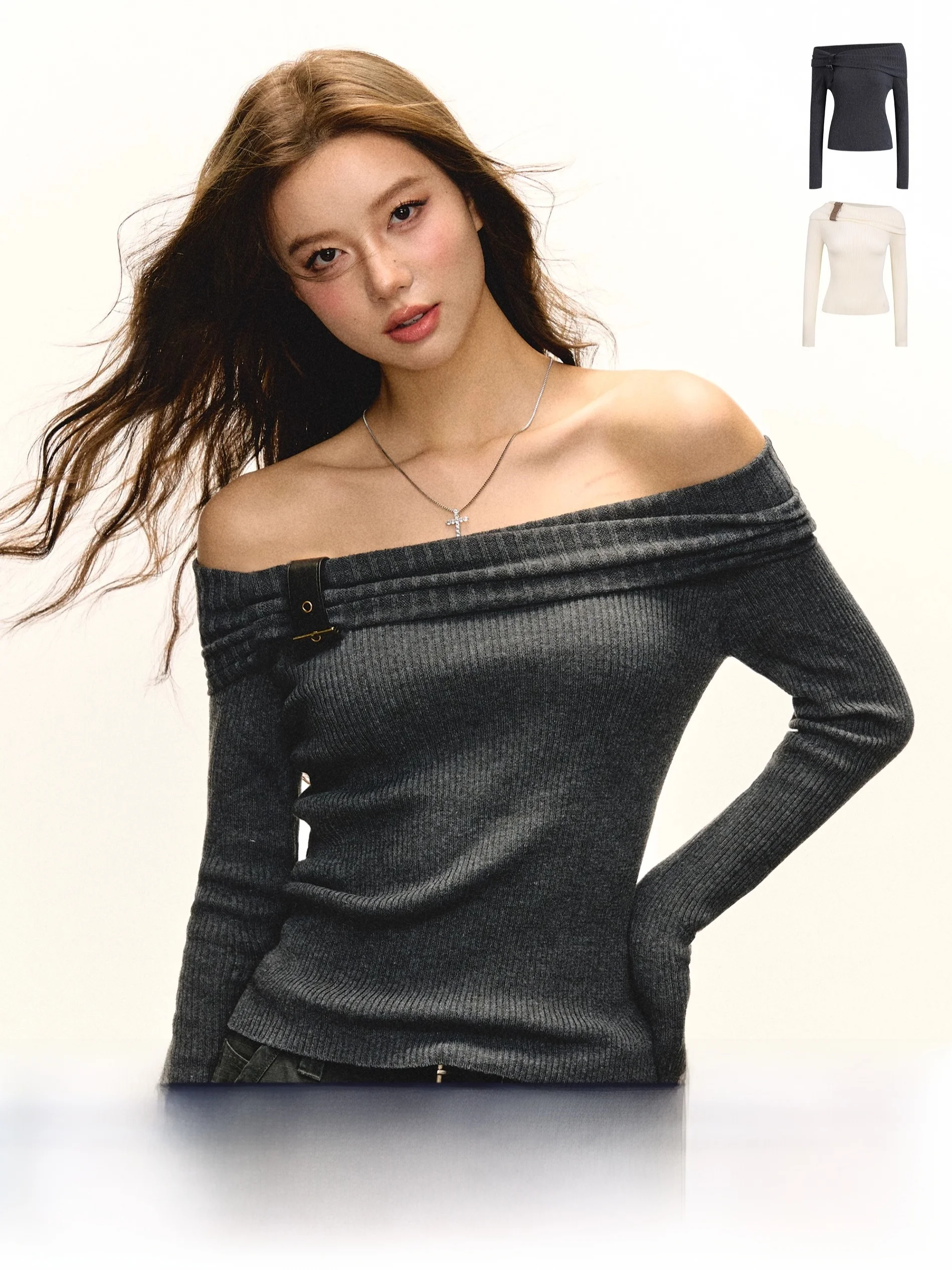 

Ariseism American Retro One oulder Knitted Top Women's Slim Fit Inner Wear Base irt Street Sle Polyester Fiber Long Sve