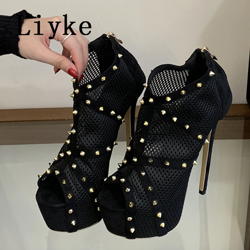 Liyke New Sexy Peep Toe Extreme High Heels Party Stripper Shoes Fashion Metal Rivet Mesh Platform Pumps Women Stilettos Mujer