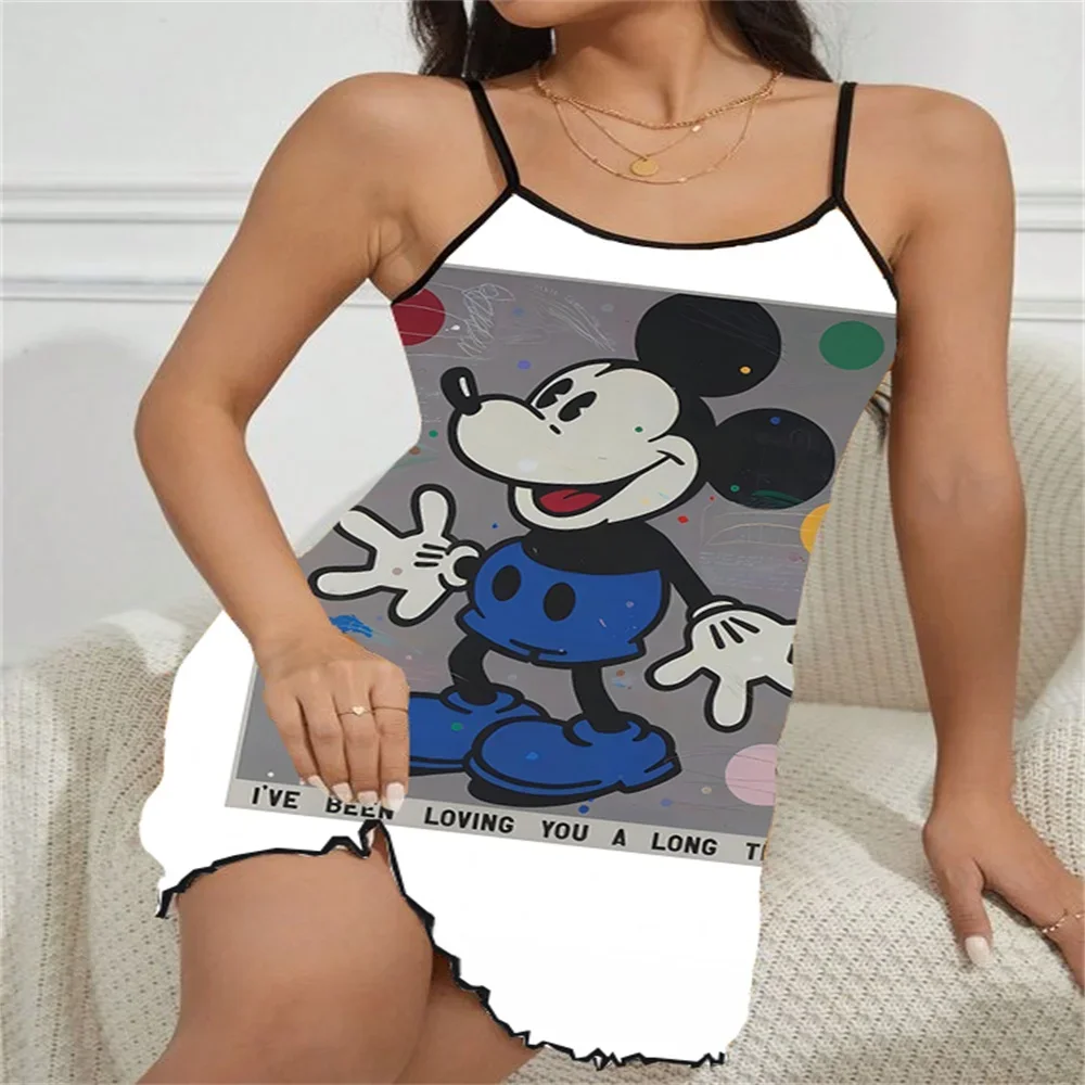 Sexy Fashion Backless Pajama for Women Cartoon Patern Print Female Suspender Pajama Ruffled Edge Design Women's Sleeping Dress