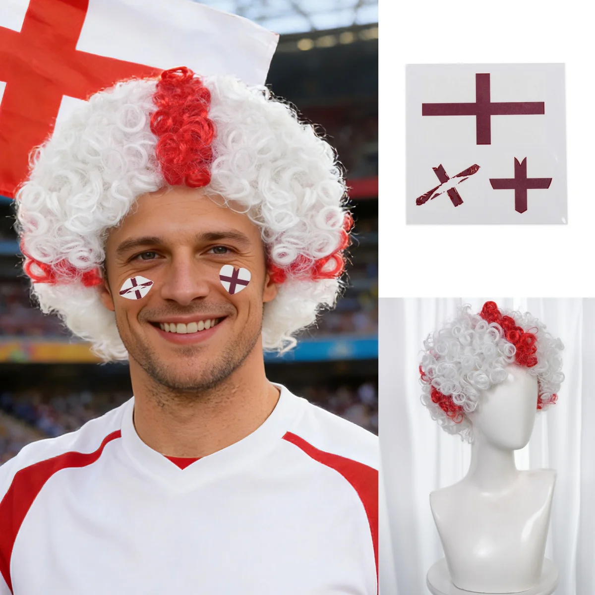 England White Red Cross Afro Curly Wig With Face Stickers Football Fan Sports Party Cosplay Wig Synthetic Wig