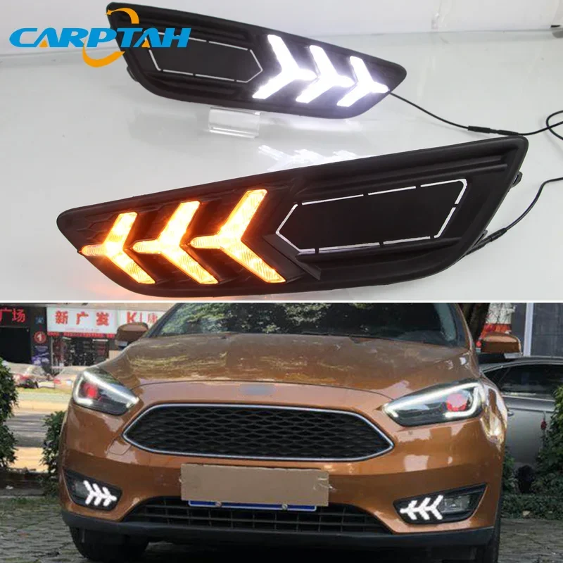 Car LED DRL 12V Daylights For Ford Focus 2015 2016 2017 2018 Yellow Turn Signal Daytime Running Light Car Foglamp