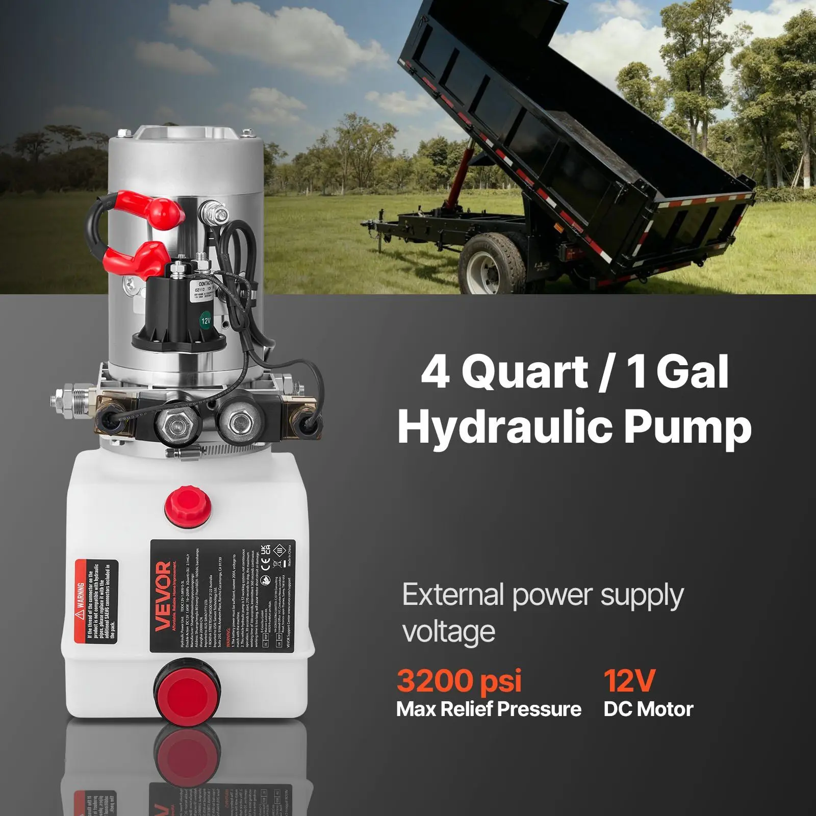 

4 Quart Hydraulic Power Unit, Double Acting Dump Trailer Pump, 3200 PSI Max Relief Pressure & 0.91 GPM Flow Rate, DC 12V