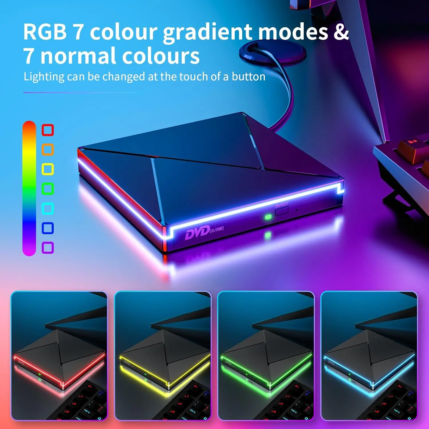RGB DVD Player for Laptop External CD/DVD Reader Writer ROM Drive USB C Portable CD/DVD Burner for MacBook Mac Windows 11/10/7/8
