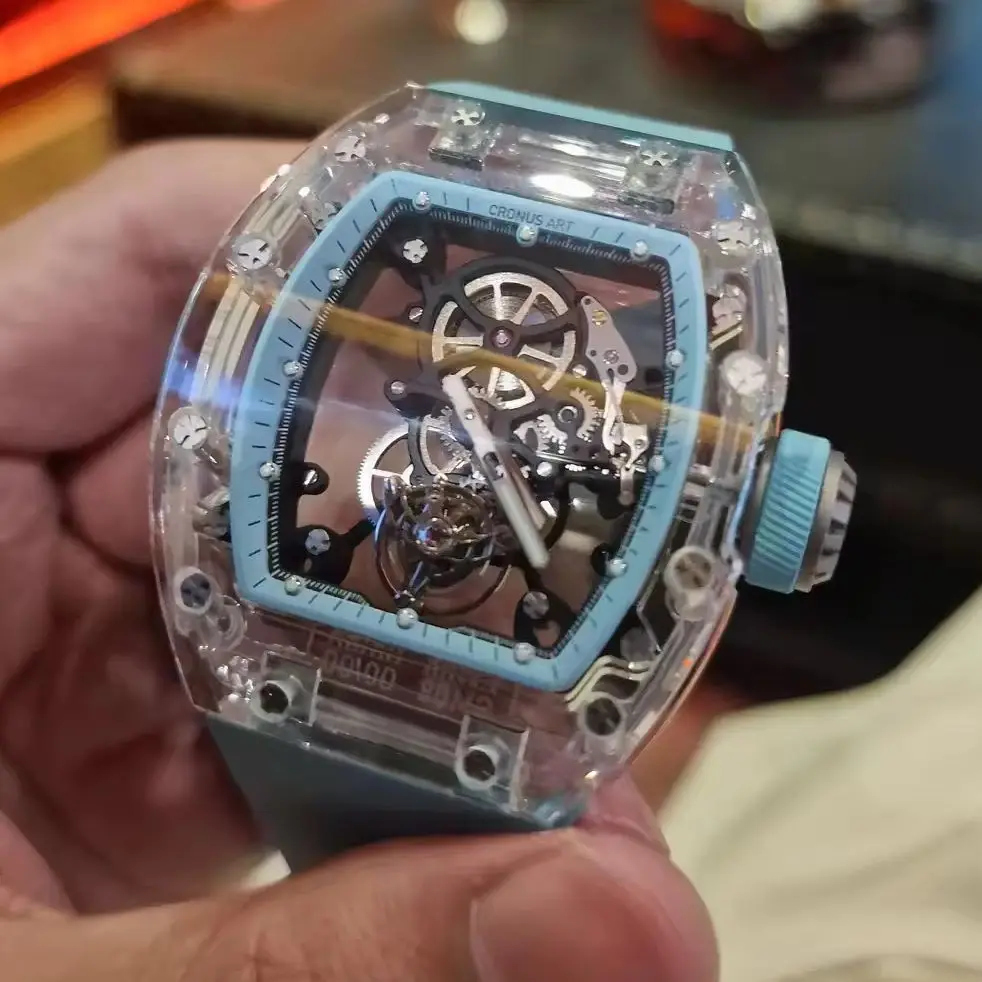 CRONUSART Men Tourbillon Watch 50mm*42mm Tonneau Mechanical Wristwatch Sapphire Case Mirror Luminous Skeleton Dial FKM Strap