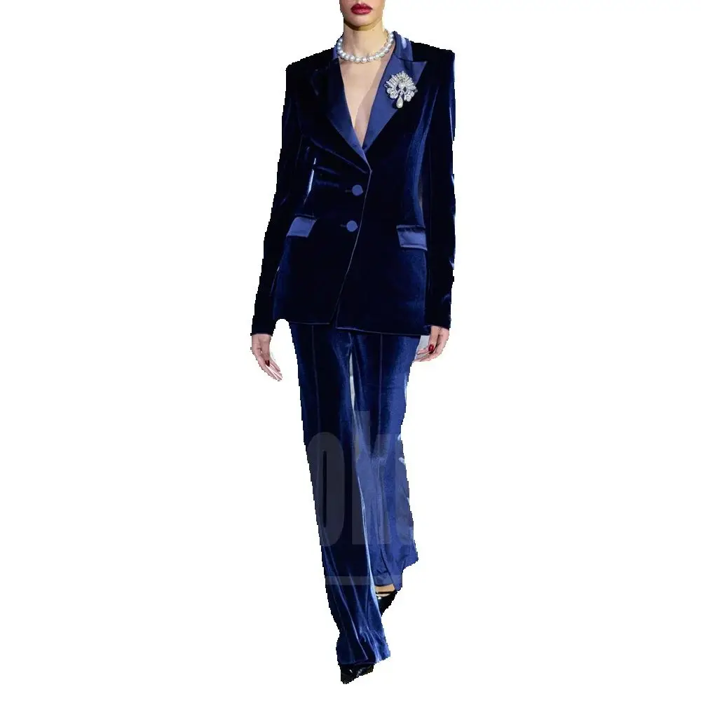 Chic Velvet Women Suit Blazer and Pants Set Single Breasted Long Sleeves Outfit Daily Runway Style Party Evening Formal Wear