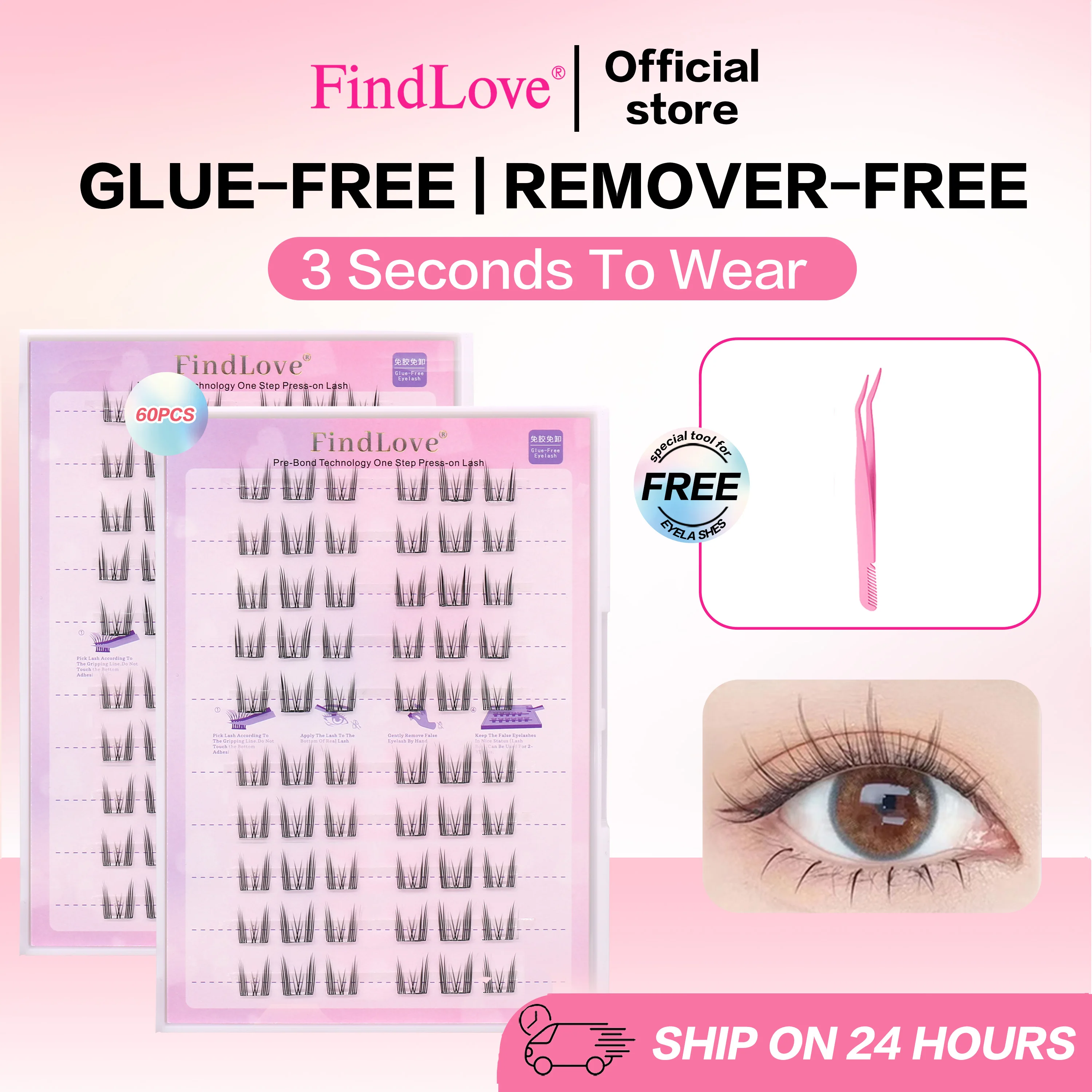 

10Rows FindLove Cat Elf Glue-free Eyelashes C Curl 10-12mm No Glue Need Eyelashes Natural Self Adhesive Eyelash Extension Set