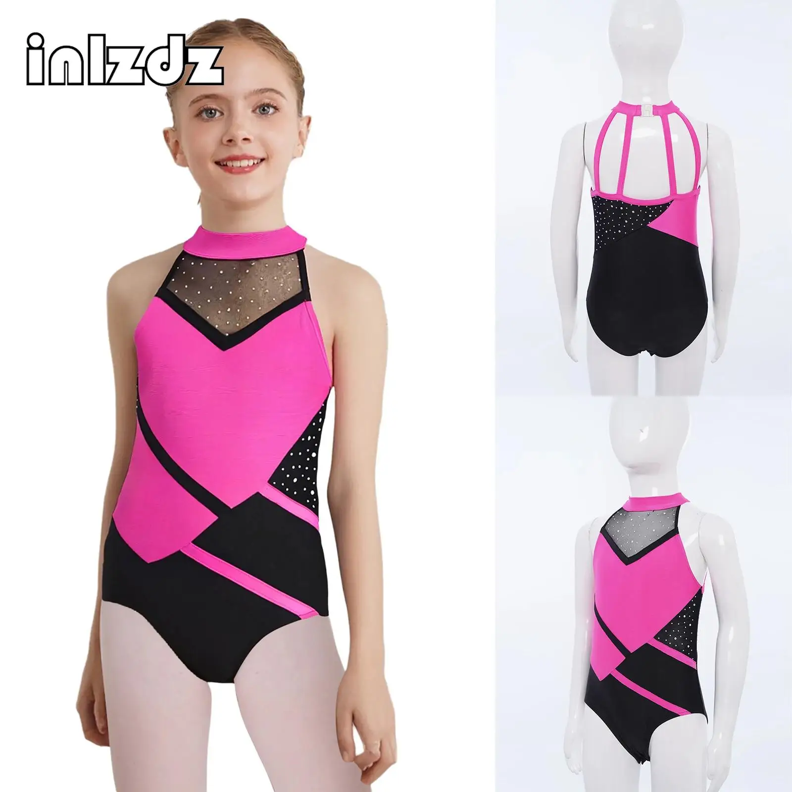 

Kid Girl Strappy Back Color Block Glittery Rhinestones Leotard for Ballet Dance Figure Skating Gymnastics Performance Acrobatics