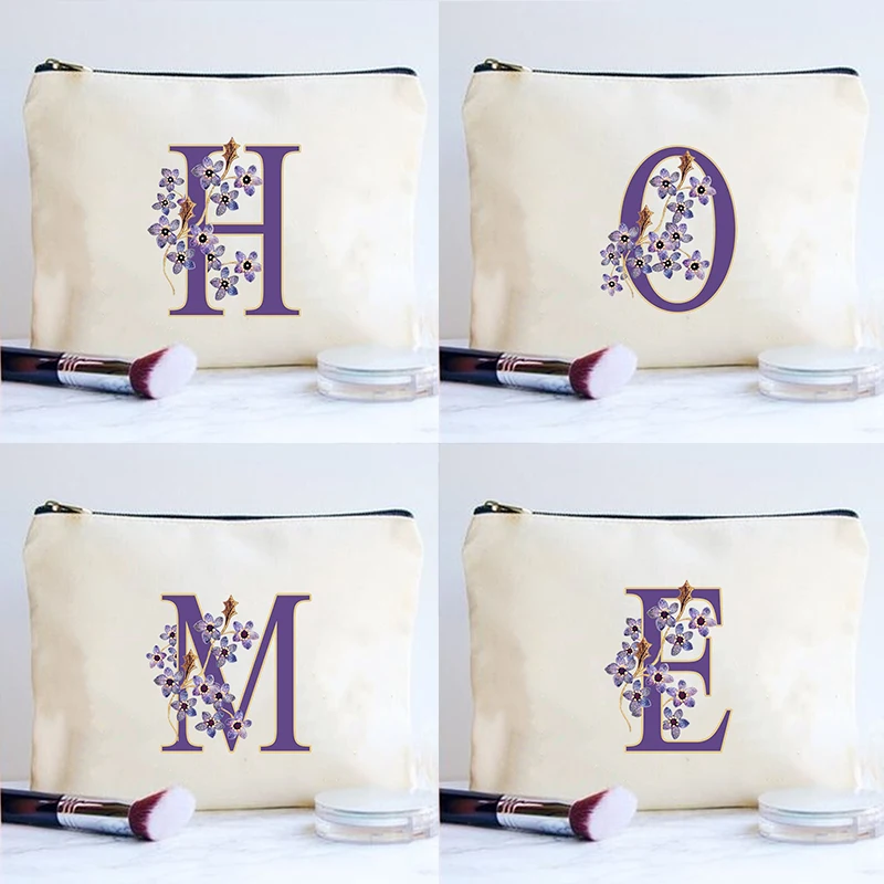 

26 Initial Letter a Z Flower Print Makeup Pouch Printing Canvas Beauty Lady Cosmetic Bags Organizer Bag Women Multifunction