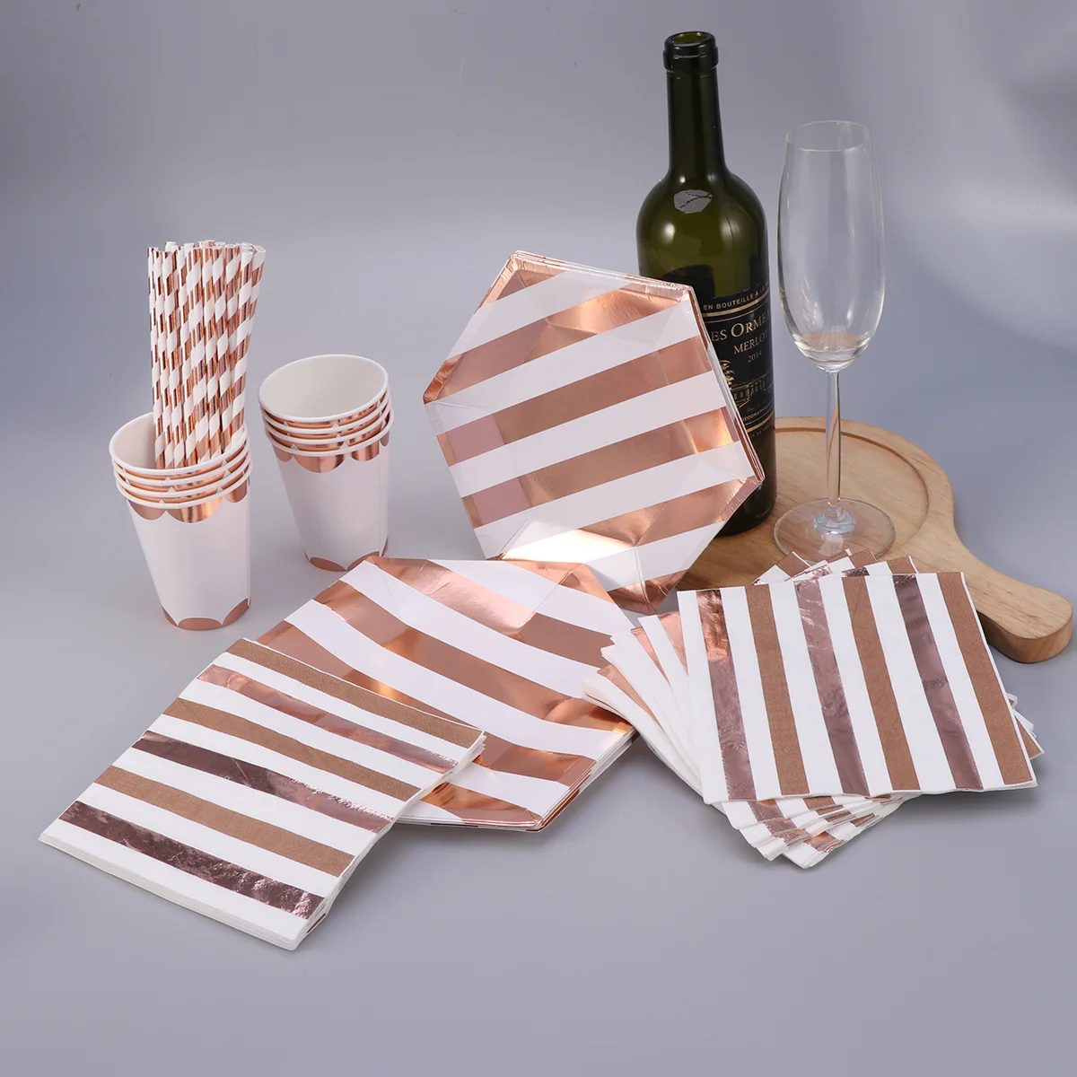 

69PCS Rose Gold Stripes Party Supplies Set Paper Plates Cup Straws Napkins Tableware Set for Birthday Wedding Festival