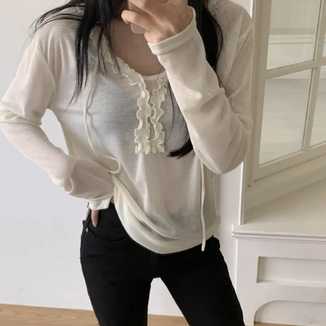 Chic Lazy Style V-Neck Long Sleeve T-Shirt Women Loose Slimming Wood Grain  Casual Fashion Top for Summer 2026
