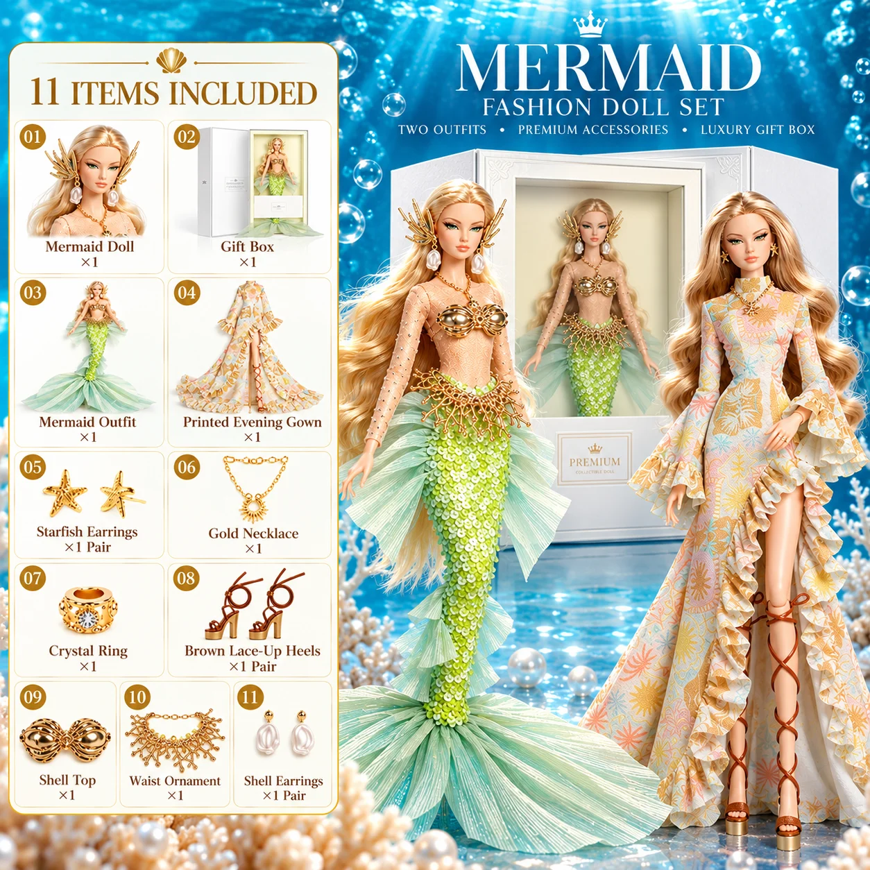 32cm Xianxian Mermaid Fashion Doll 1/6 Supermodel Doll Set with Sequin Fishtail Outfit Jewelry Shoes Doll Dress Collectible Gift