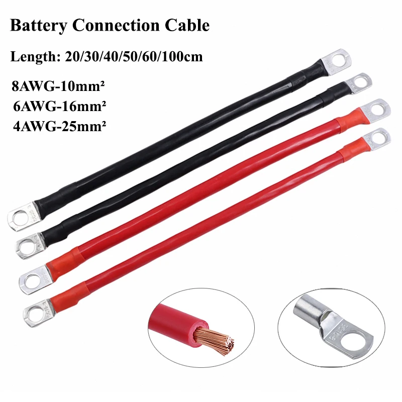 Battery Connection Cable Copper Wire  8/6/4AWG 10/16/25mm²  With SC Terminal M8 For Car Battery Series and Parallel UPS Inverter