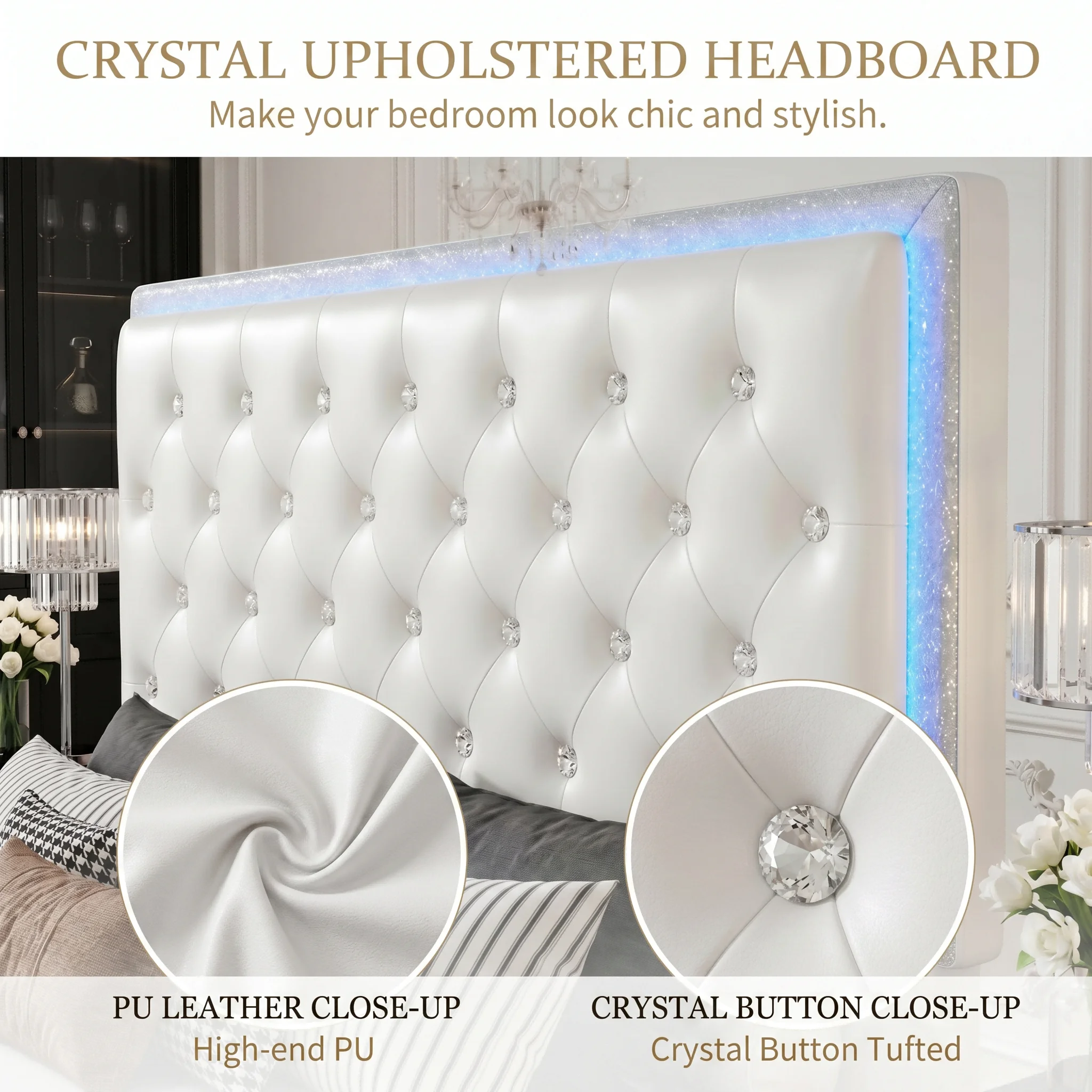 Sibeds Queen Size Bed Frame with LED Lights , King Size with 2 Drawers, Full Bed Crystal Button Tufted Headboard, Solid Slats, Noise Free, No Box Spring Needed, Easy Assembly，PU & Velvet view 3