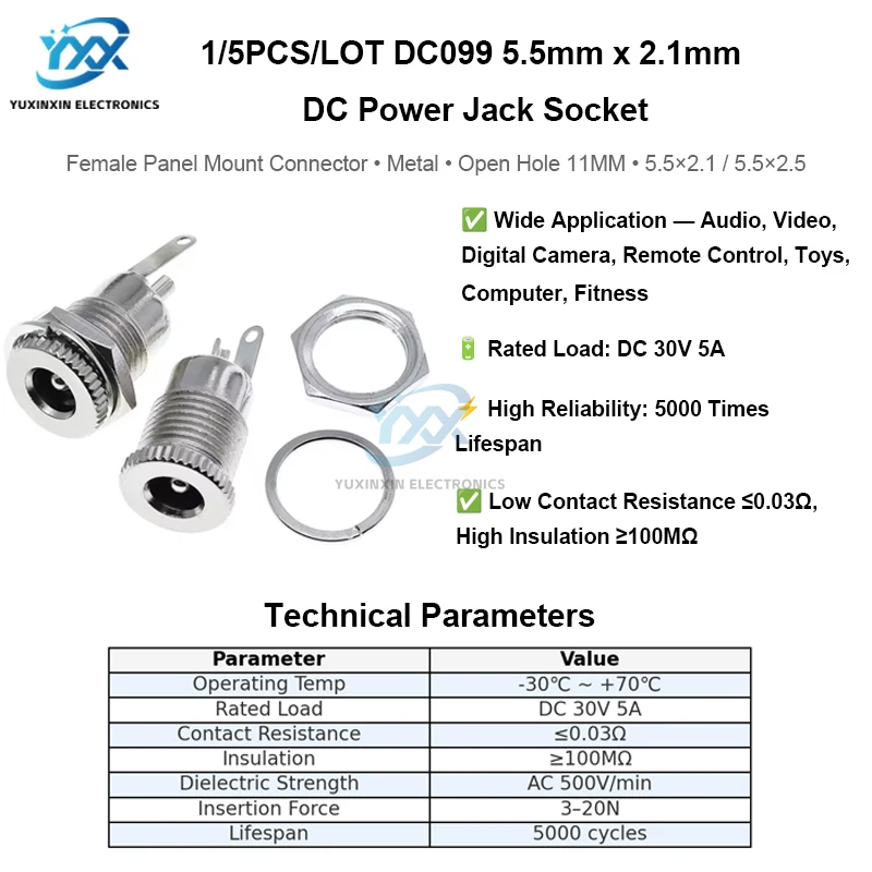 1/5PCS/LOT DC099 DC Power Jack Socket 5.5 mm x 2.1mm Female Panel Mount Connector Metal DC-099 Open Hole 11MM 5.5*2.1 5.5*2.5