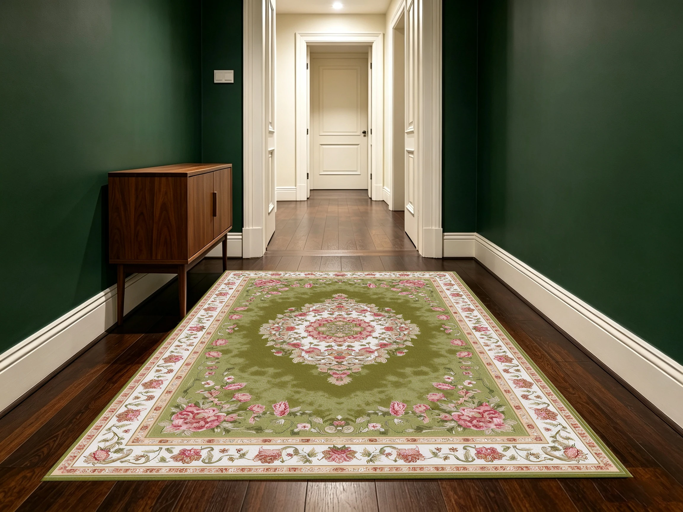 2D Carpet, 2D Olive Green European-Style Vintage Floral Carpet - Soft and Comfortable, Suitable for Living Room and Bedroom, Enhances Home Ambiance..