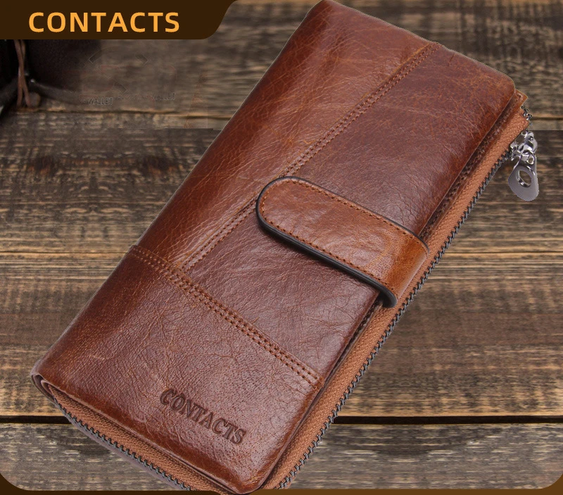 

Long cowhide men's wallet Fashion zipper buckle Mobile phone storage Large capacity multi-functional leather handheld wallet