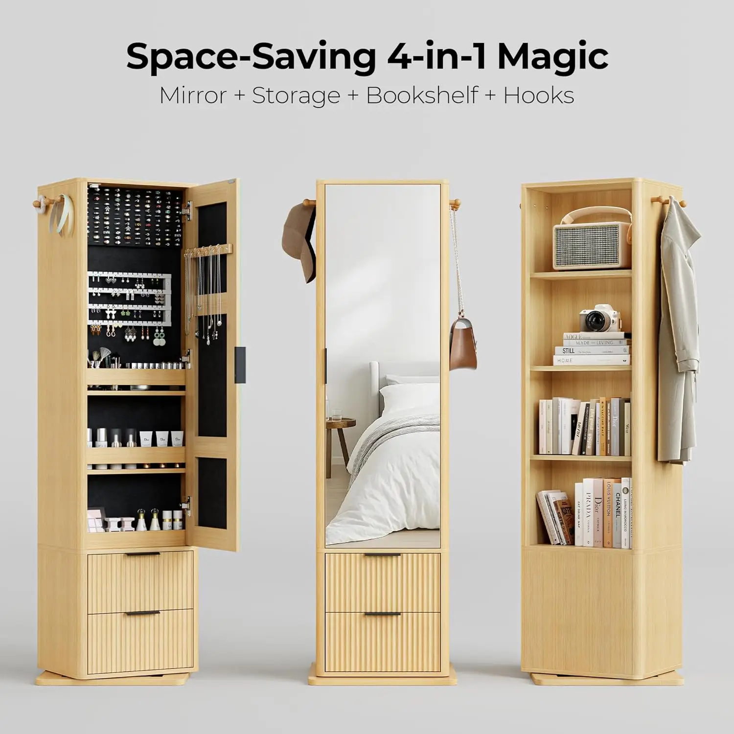 IRONCK 360° Swivel Jewelry Cabinet, Jewelry Armoire with Full Length Mirror, Standing Jewelry Organizers with 2 Drawers, Oak